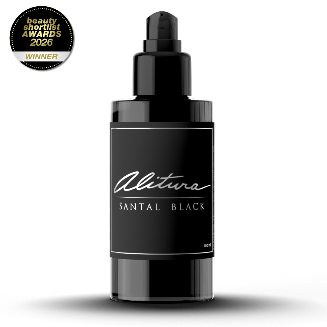 Black bottle of Alitura Santal Black on a white background with an award badge in the corner.