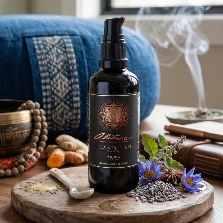 Black bottle labeled 'Alitura Tranquilo' on a wooden tray with herbs and flowers, blurred background