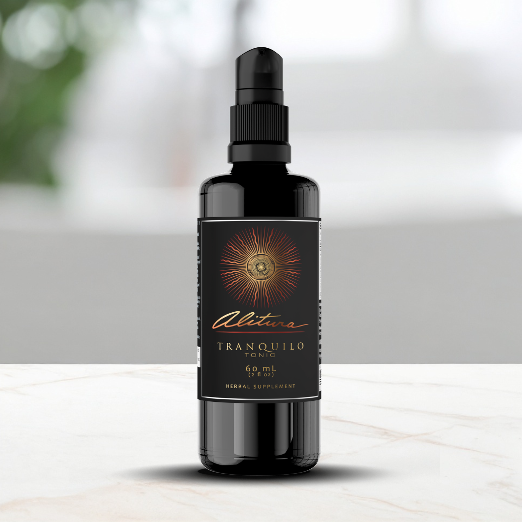 Black Alitura Tranquilo bottle with a label on a white surface with a blurred green background