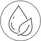 Circular icon with a droplet and leaf inside, resembling a water drop logo.